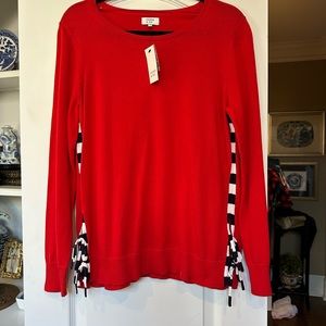CROWN & IVY red sweater w/black & white accents ties at hips, round neck